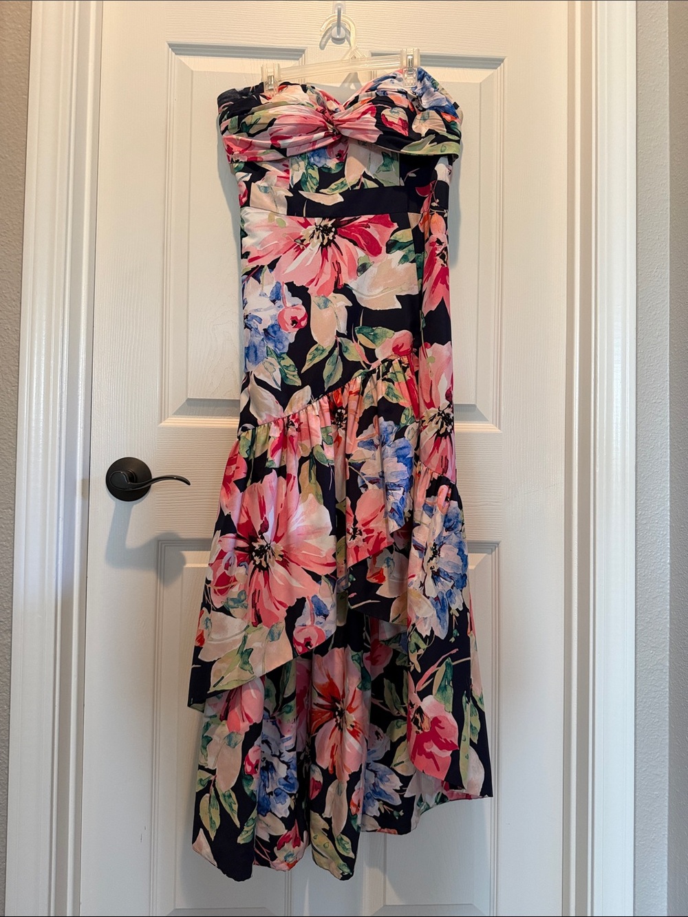 Eliza J - Floral Strapless High-Low Dress in Navy with Pink & Blue Blooms